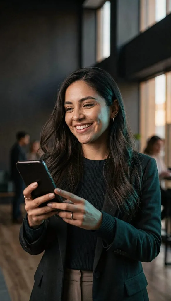 Mujer joven sonriente usando un teléfono móvil con fondo de oficina y personas trabajando.