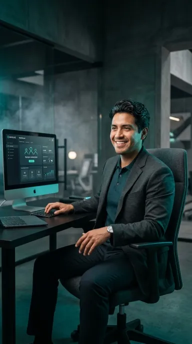 Hombre joven sentado en una silla de oficina frente a una computadora de escritorio con un dashboard en pantalla, en un entorno de oficina moderna con paredes de concreto y cristales.