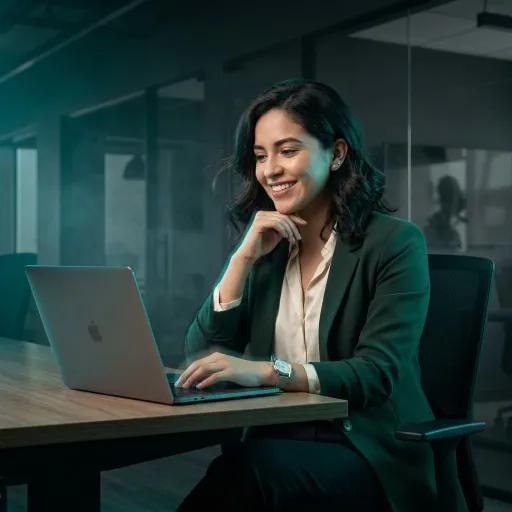 Mujer joven sonriente usando una laptop en una oficina moderna con paredes de vidrio.