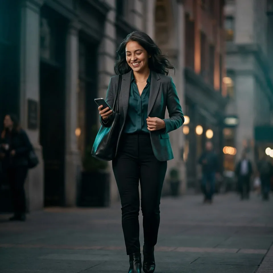 Mujer joven caminando por una calle urbana al atardecer, sonriendo mientras mira su teléfono móvil, vestida con un saco gris, blusa verde oscura, pantalones negros y botas, con un bolso negro en el hombro.