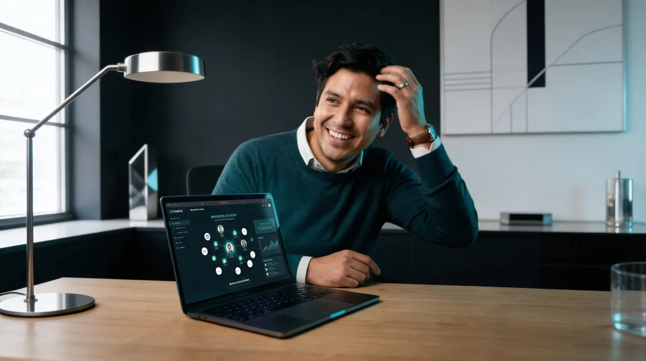 Hombre joven sonriente con suéter azul sentado en un escritorio de madera, tocándose el cabello con una mano, con una computadora portátil abierta frente a él mostrando una interfaz de análisis de redes, con una lámpara moderna de escritorio a la izquierda y una ventana amplia al fondo.