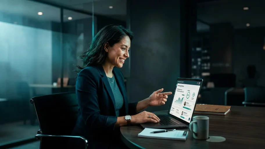 Mujer profesional sonriendo y señalando la pantalla de su laptop en una oficina moderna, con gráficos y datos visibles en la pantalla.