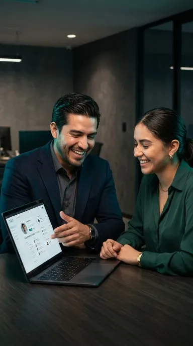 Hombre y mujer sonrientes sentados en una mesa de oficina mientras revisan juntos una laptop abierta que muestra un perfil profesional en pantalla.