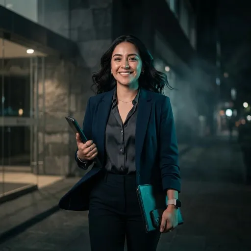 Mujer joven con cabello oscuro y ondulado, vestida con traje azul marino y blusa negra, sonriendo mientras camina de noche en un entorno urbano con edificios de vidrio y luces de fondo, sosteniendo una tableta en una mano y una carpeta o portátil en la otra.