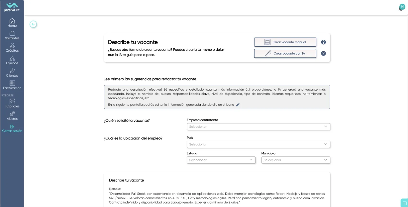 Pantalla de plataforma web para describir una vacante laboral, con instrucciones para crear la vacante manualmente o con inteligencia artificial, campos para seleccionar empresa contratante, país, estado y municipio, y ejemplo de descripción detallada de puesto de desarrollador Full Stack.