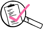 Clipboard under magnifying glass with a check mark