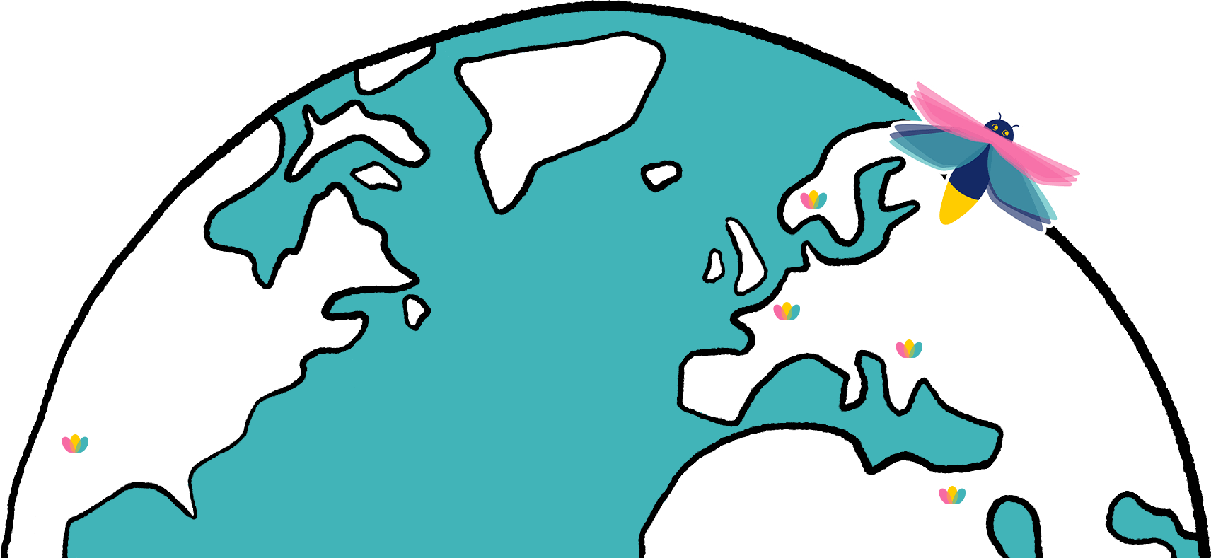 Globe with location markers and a flying insect