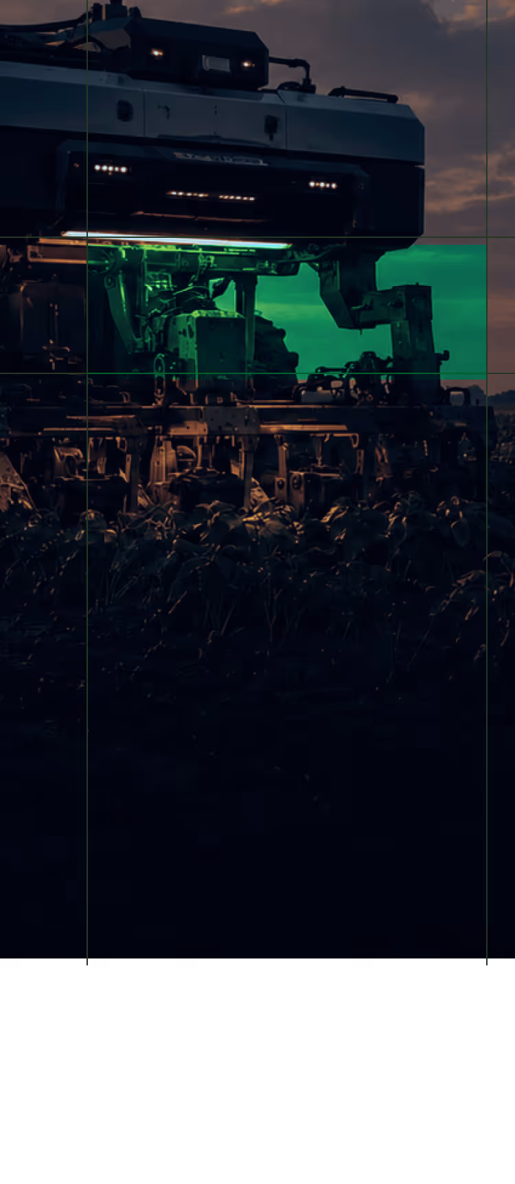 Futuristic robotic farming machine with lights operating over plants at dusk.