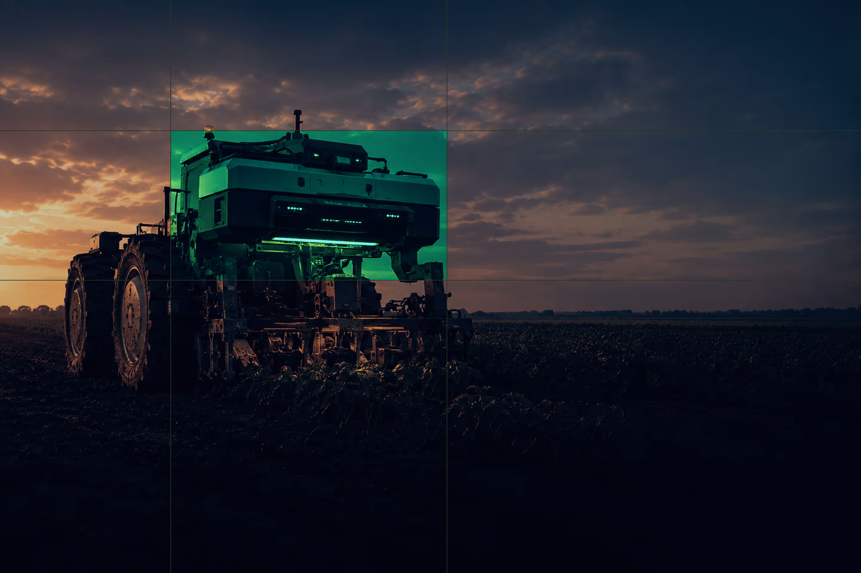 Automated tractor working in a field at dusk under a cloudy sky.