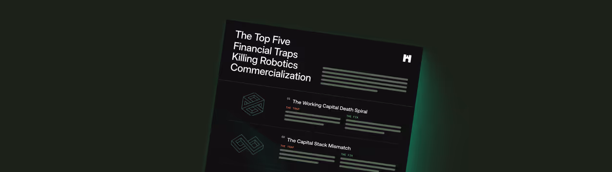 Infographic titled 'The Top Five Financial Traps Killing Robotics Commercialization' on dark background.