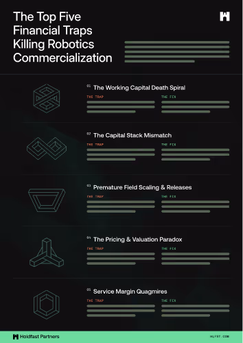 Infographic listing five financial traps harming robotics commercialization with icons and comparison bars.