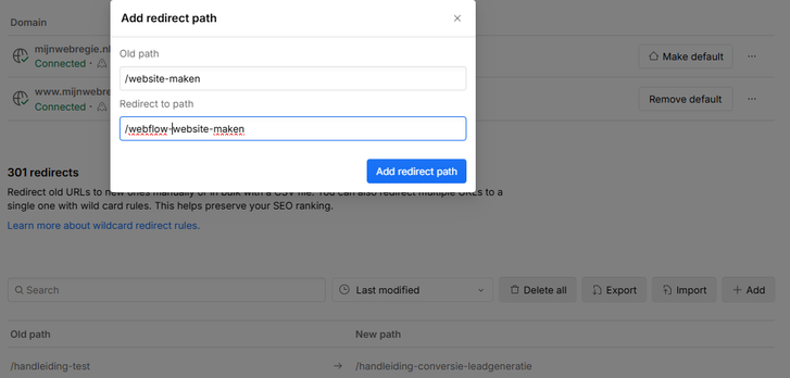 Voeg je redirects toe in Webflow
