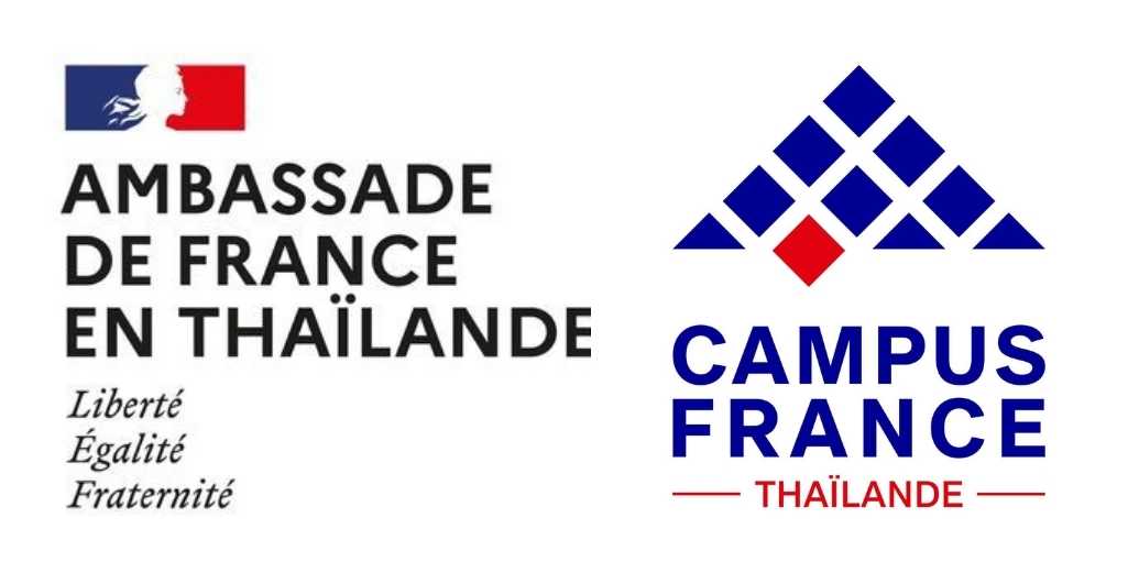 Logos of Ambassade de France en Thaïlande and Campus France Thaïlande with text and symbols.