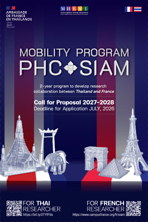 PHC Siam mobility program poster for France-Thailand research collaboration with cultural landmarks and QR codes.