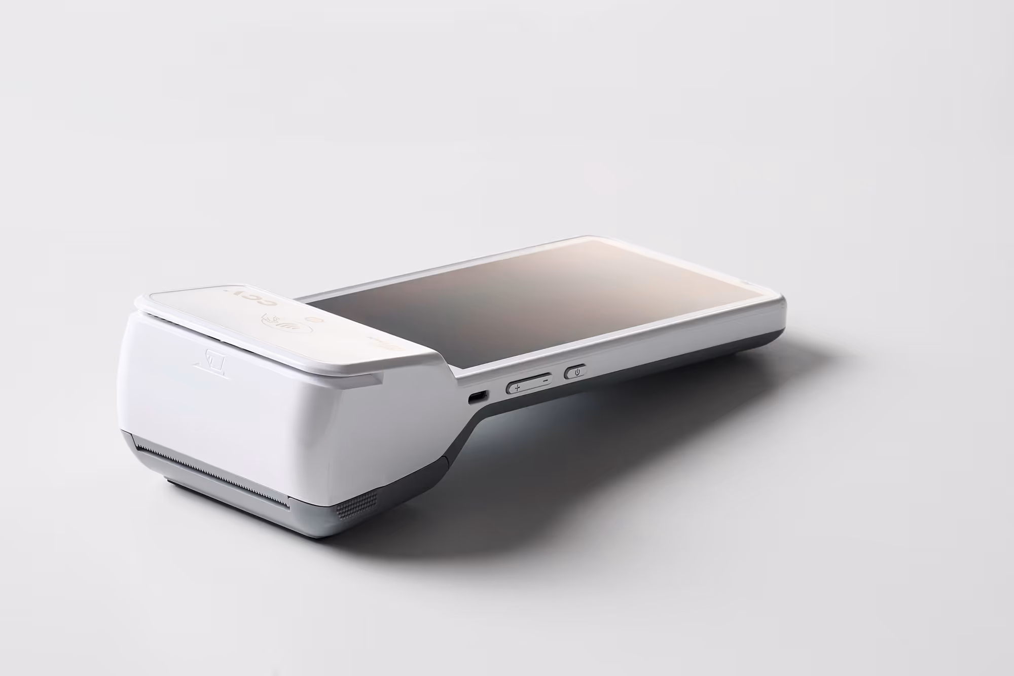Weißes mobiles Kartenterminal mit Belegdrucker im Seitenprofil für die Kartenzahlung