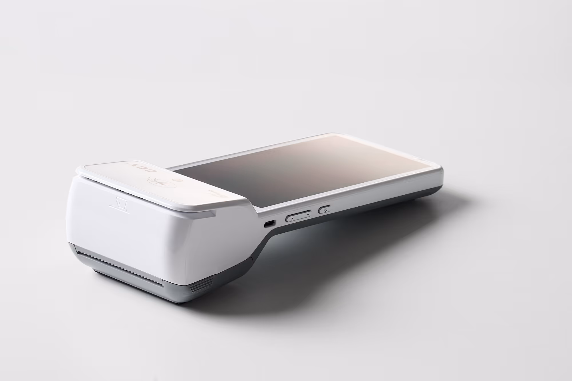 Weißes mobiles Kartenterminal mit Belegdrucker im Seitenprofil für die Kartenzahlung
