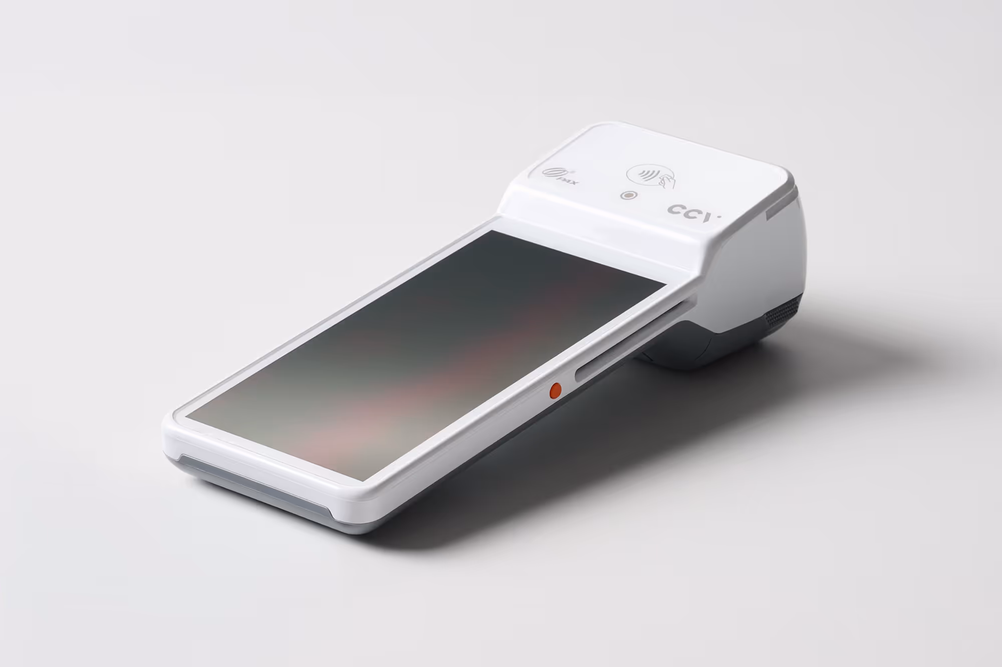 Weißes mobiles Kartenterminal mit Touchscreen und Kontaktlos-Funktion für die Kartenzahlung