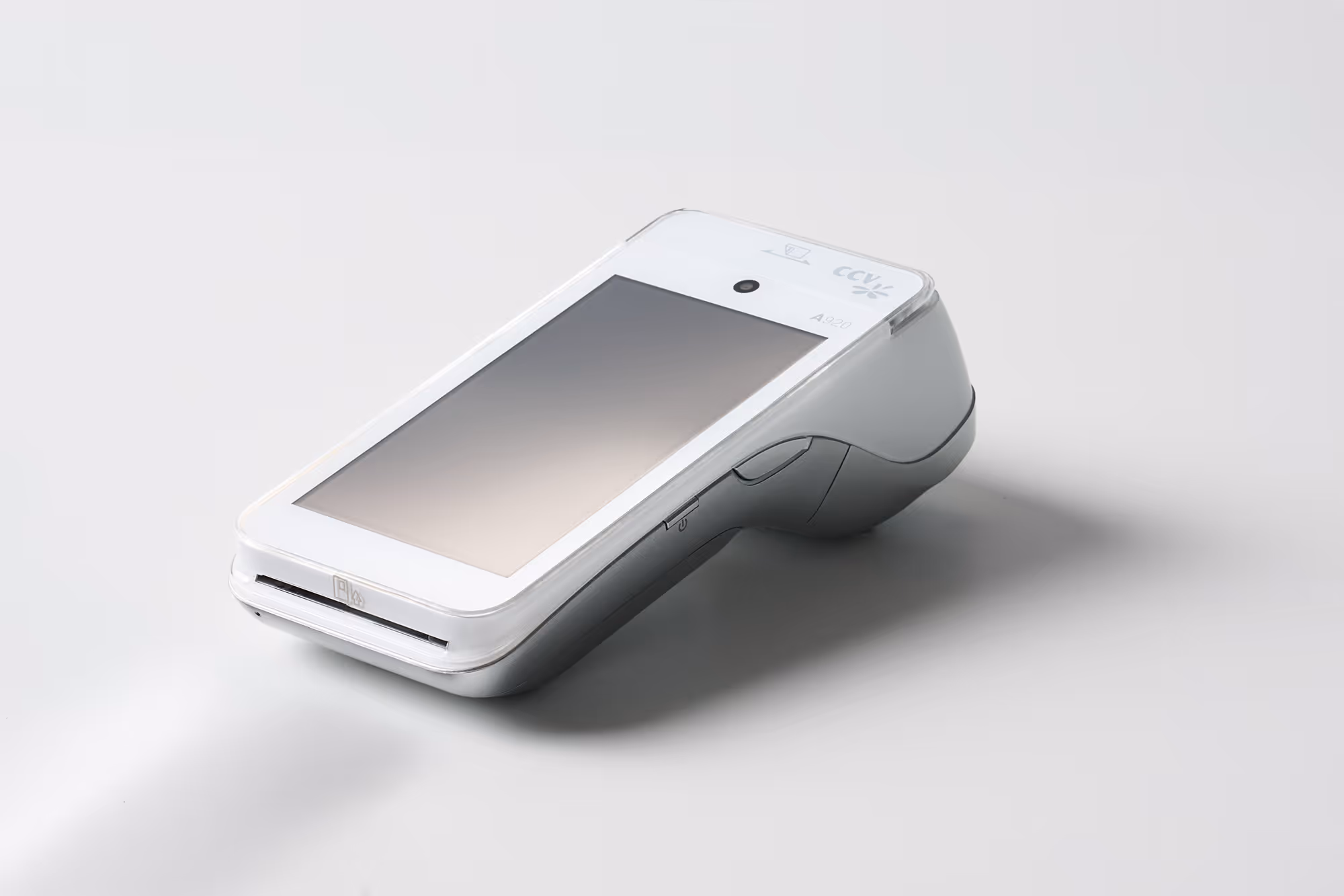 Weißes mobiles Kartenterminal mit Touchscreen und Belegdrucker für kontaktlose Kartenzahlung