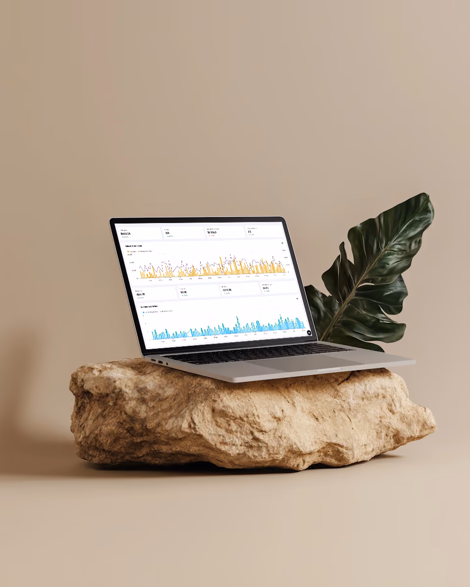 Laptop auf großem Stein mit geöffnetem Bildschirm, der Datencharts und Statistiken zeigt.