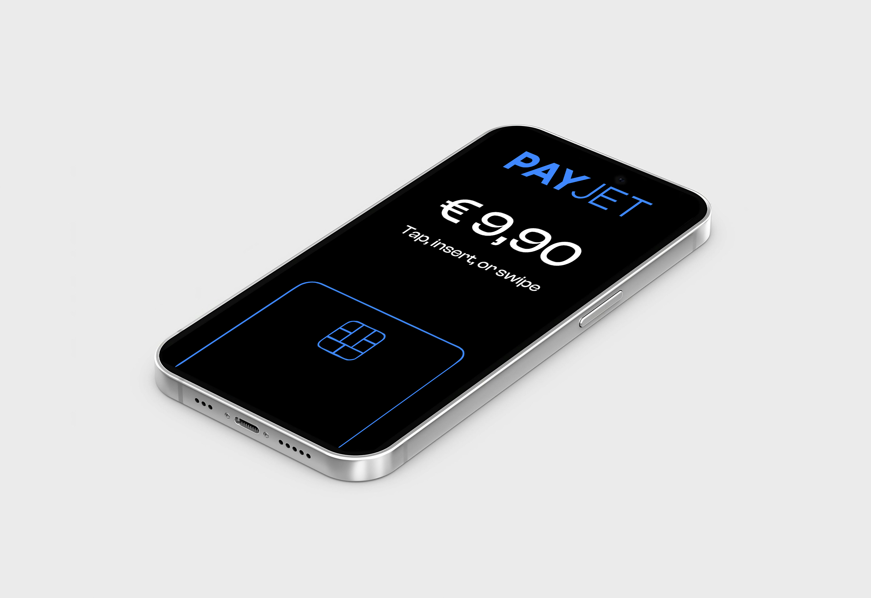 Smartphone zeigt PayJet-Zahlungsbildschirm mit Betrag 9,90 Euro und Anweisung zum Tippen oder Wischen.
