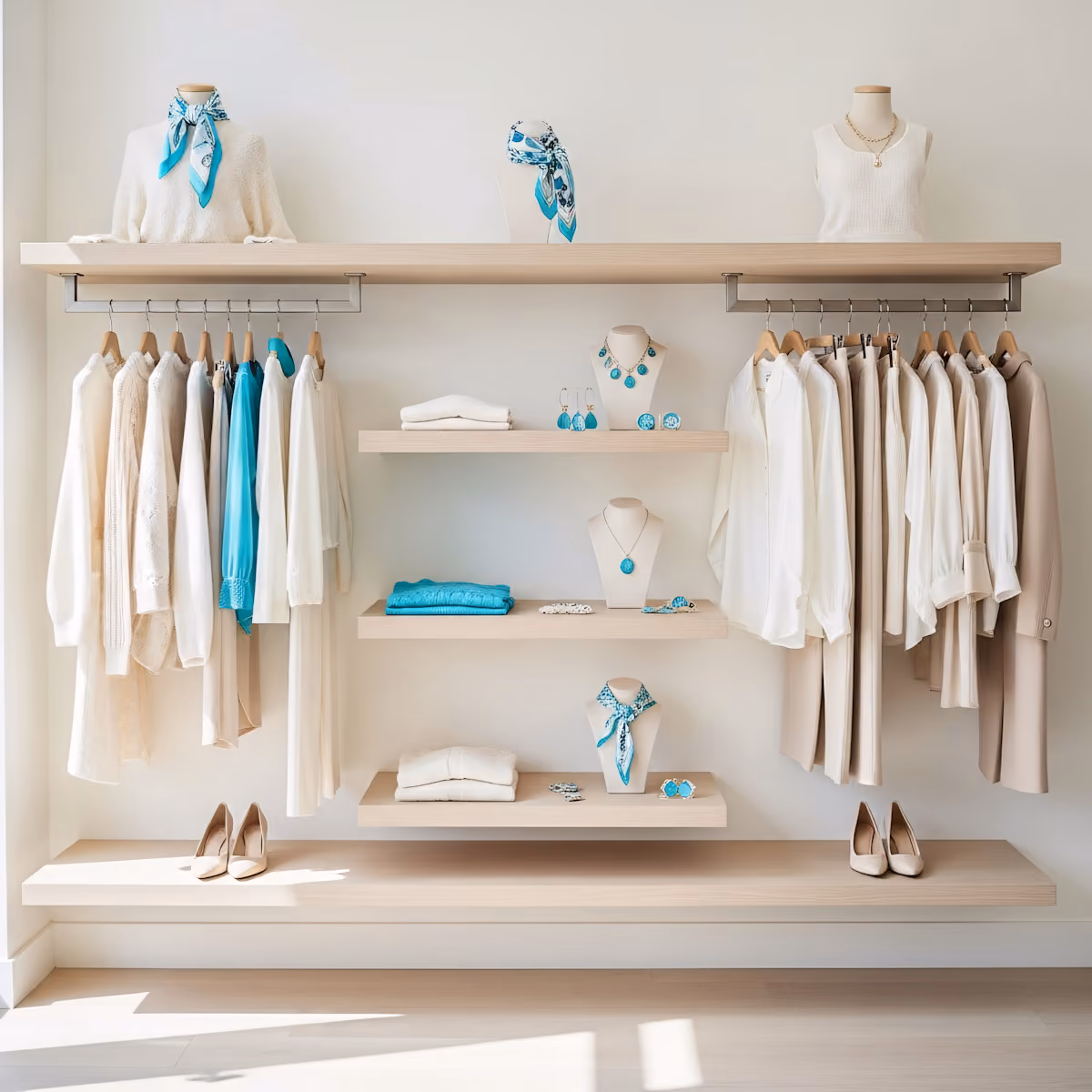 Elegante Boutique-Anzeige mit weißen und beigen Kleidern, türkisfarbenen Accessoires und Schuhen auf Regalen.