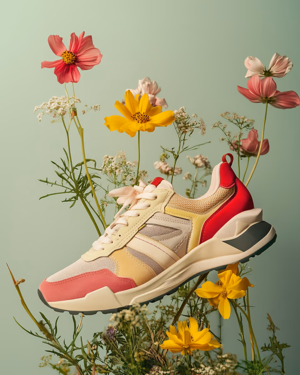 Modischer Sneaker in Rot, Gelb und Creme schwebt mit bunten Blumen vor hellem Hintergrund.