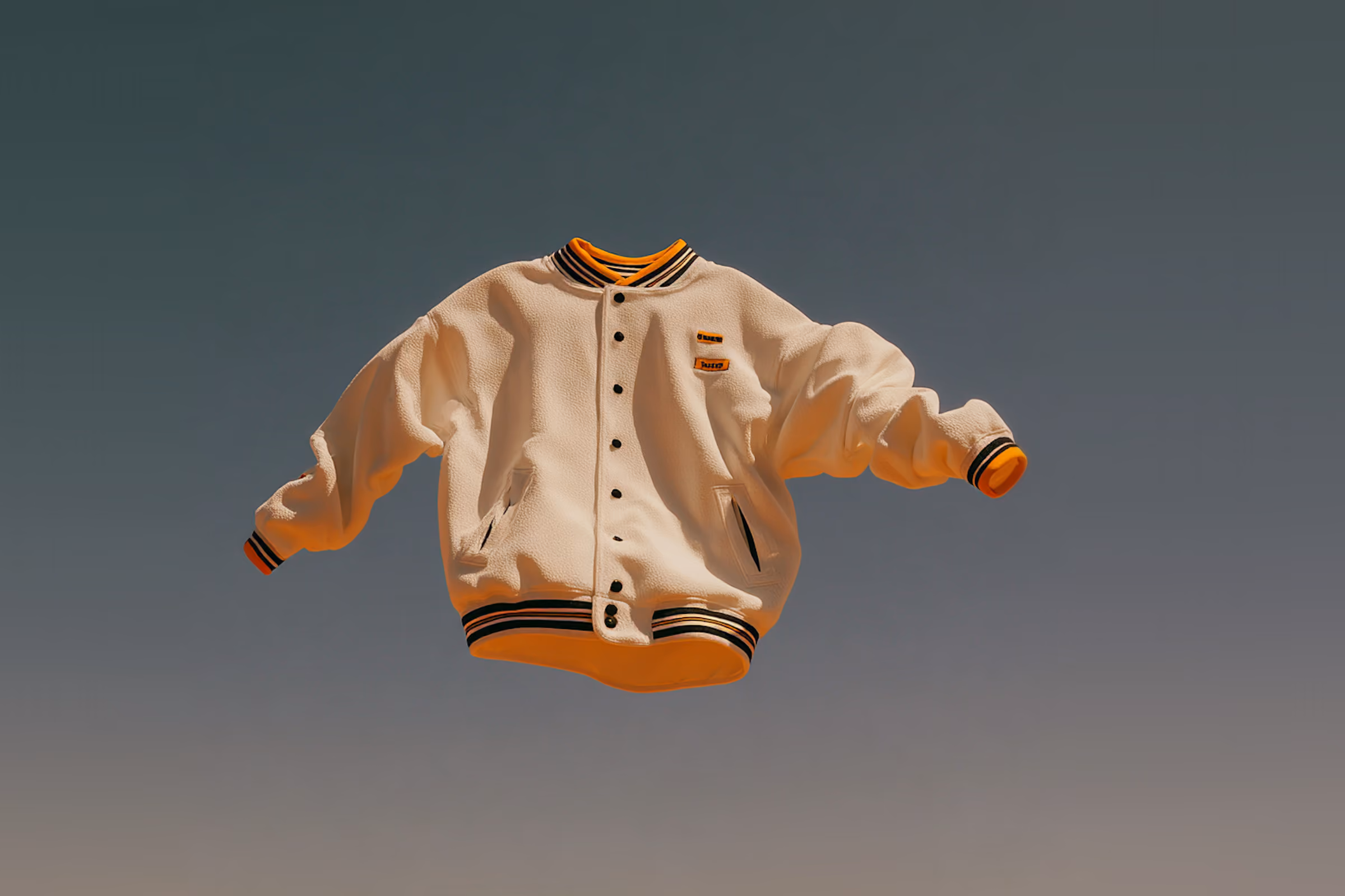 Schwebende beige Collegejacke mit schwarzen Knöpfen und gestreiften Bündchen vor grauem Himmel.