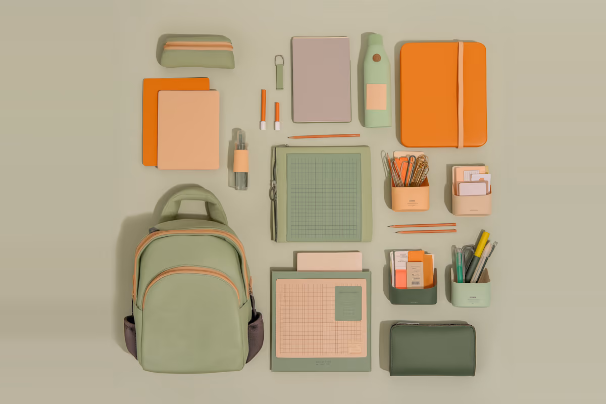 Grüne und orangefarbene Schreibwaren, Notizbücher, Stifte und Rucksack auf einem hellgrünen Hintergrund.
