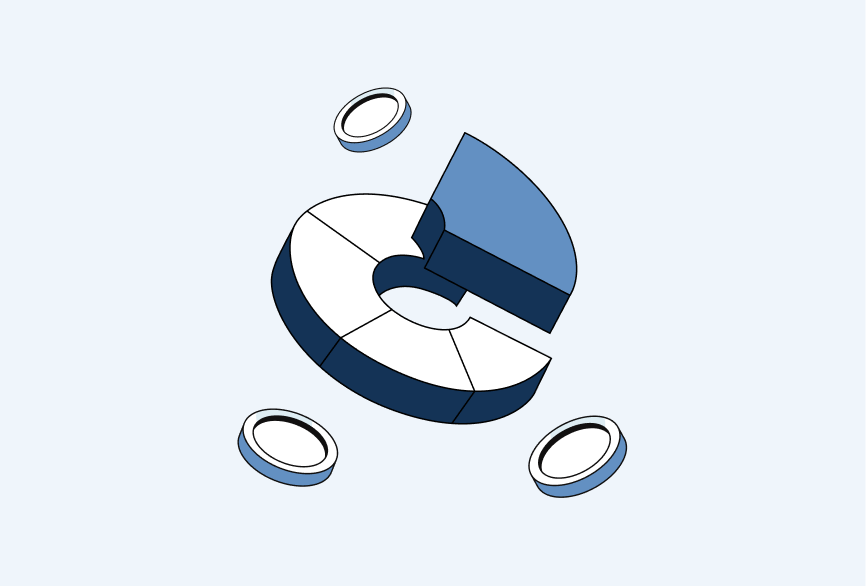 3D pie chart with one blue segment separated from the white center and three blue and white coins.