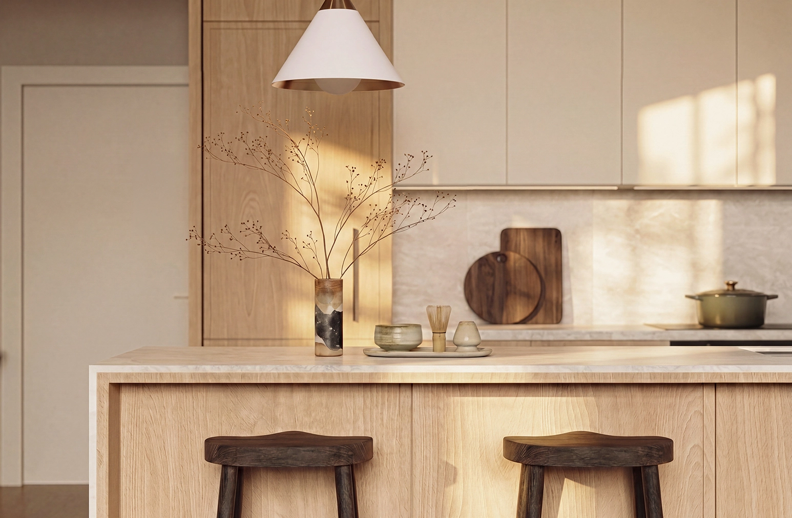 Residence vignette: contemporary living room with sculptural chair and garden view