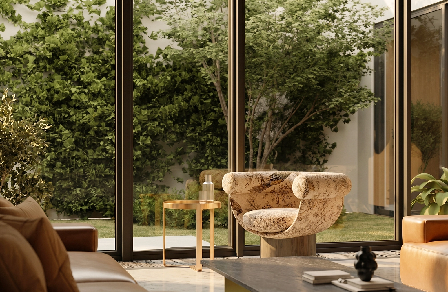 Residence vignette: kitchen with pendant lamp, stone counter, and bar stools