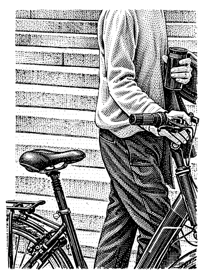 Woodcut illustration of a cyclist