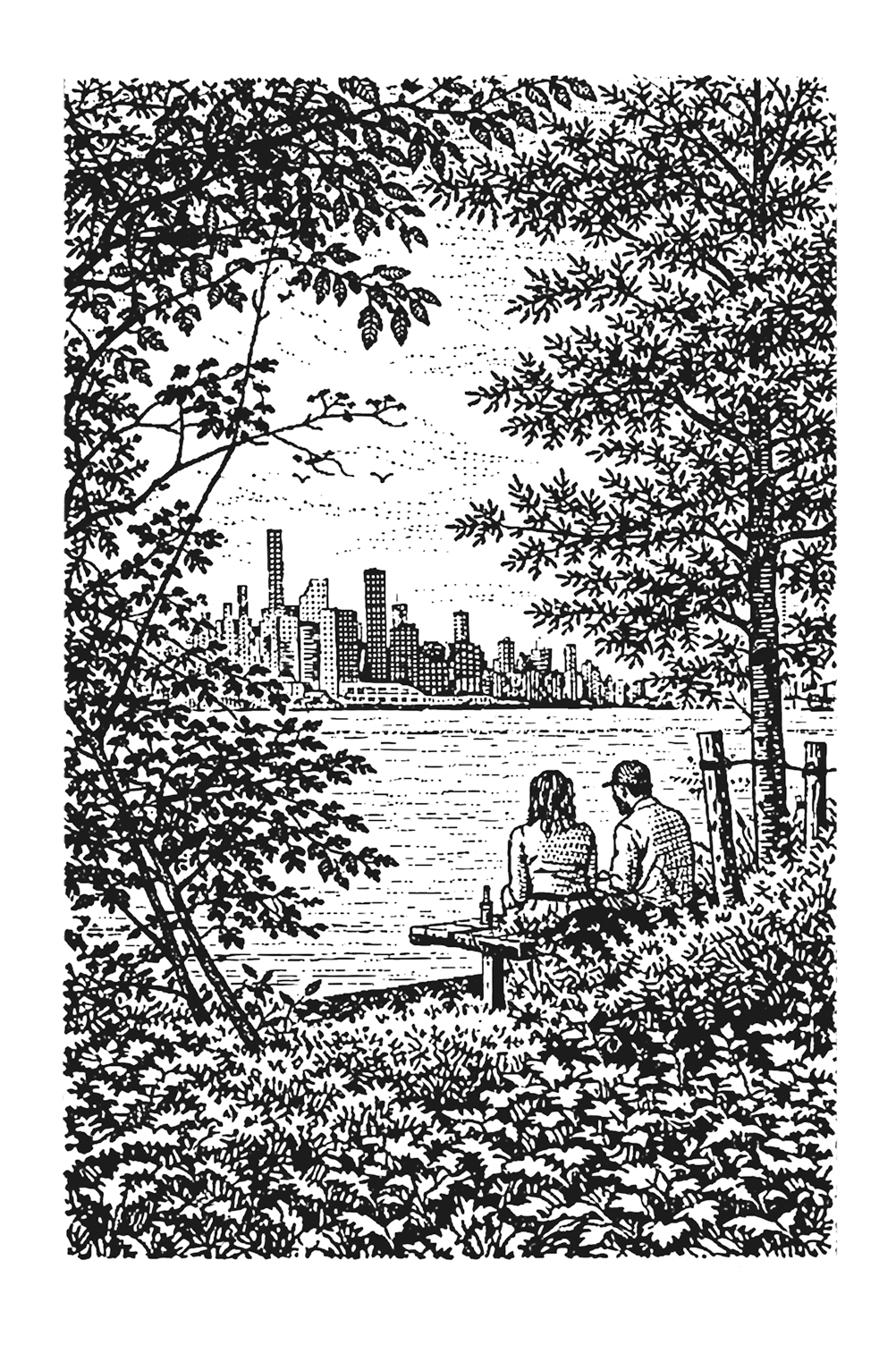 Woodcut of the Williamsburg waterfront