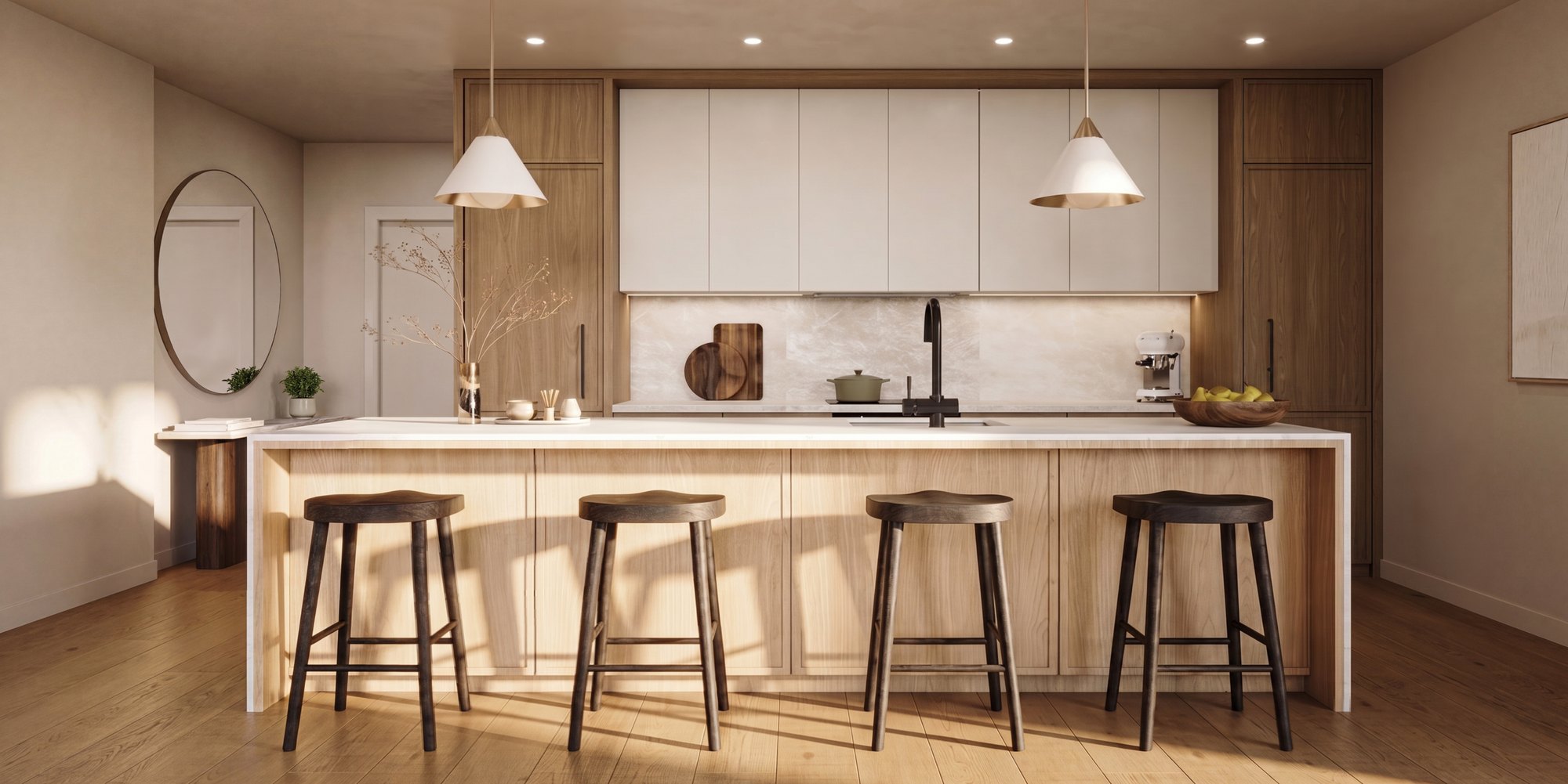 A warm palette of elegant materials including Taj Mahal quartz, white oak and satin brass have been thoughtfuly selected for the kitchens..