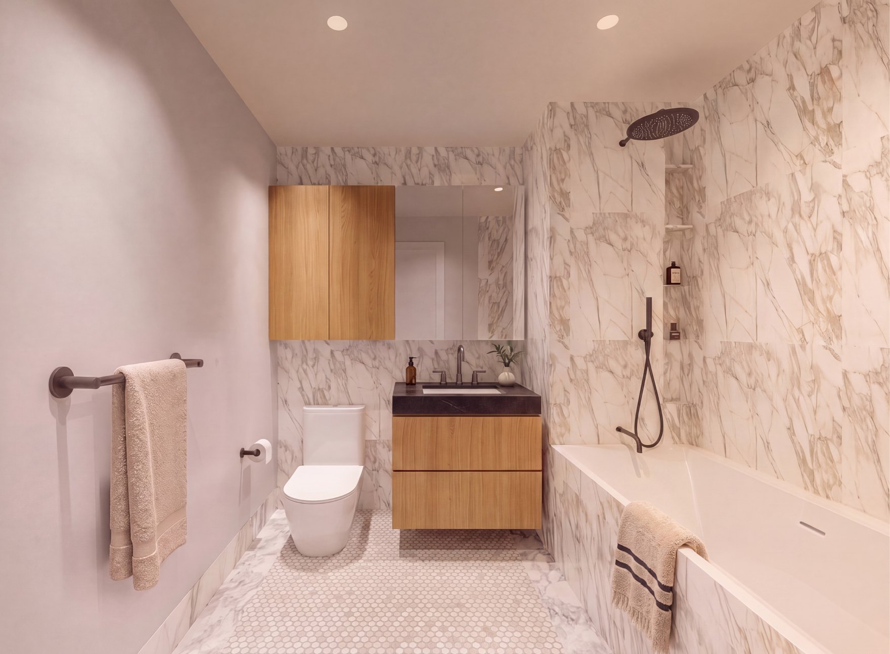 A considered mix of stone and porcelain tile in the secondary bathrooms.