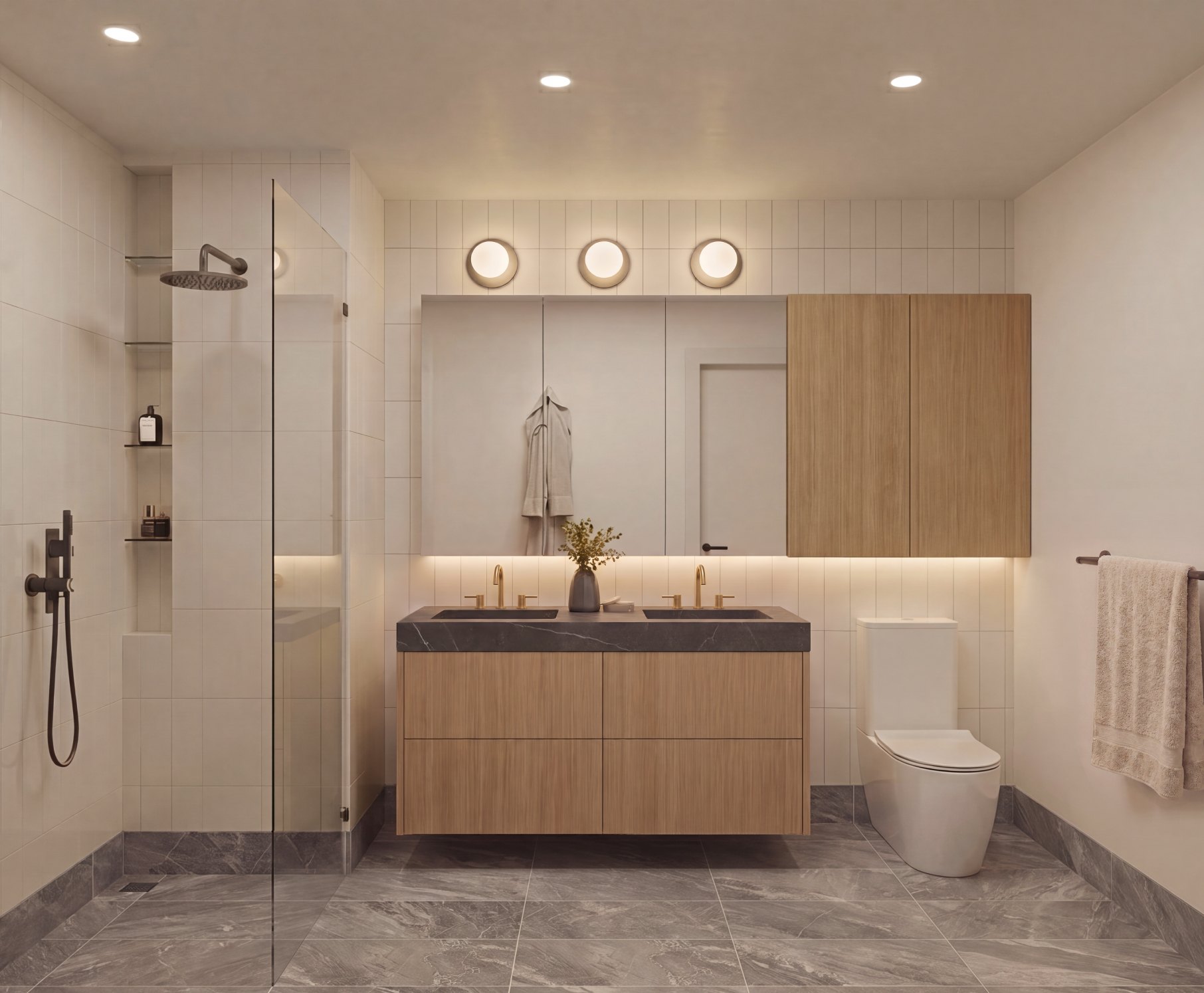 Primary bathrooms have a calm, spa-like atmosphere.