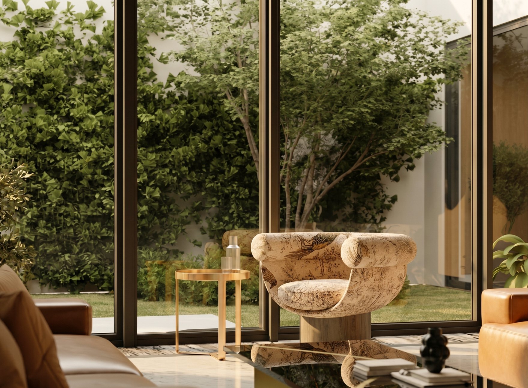 The lobby lounge overlooks a landscaped viewing garden.