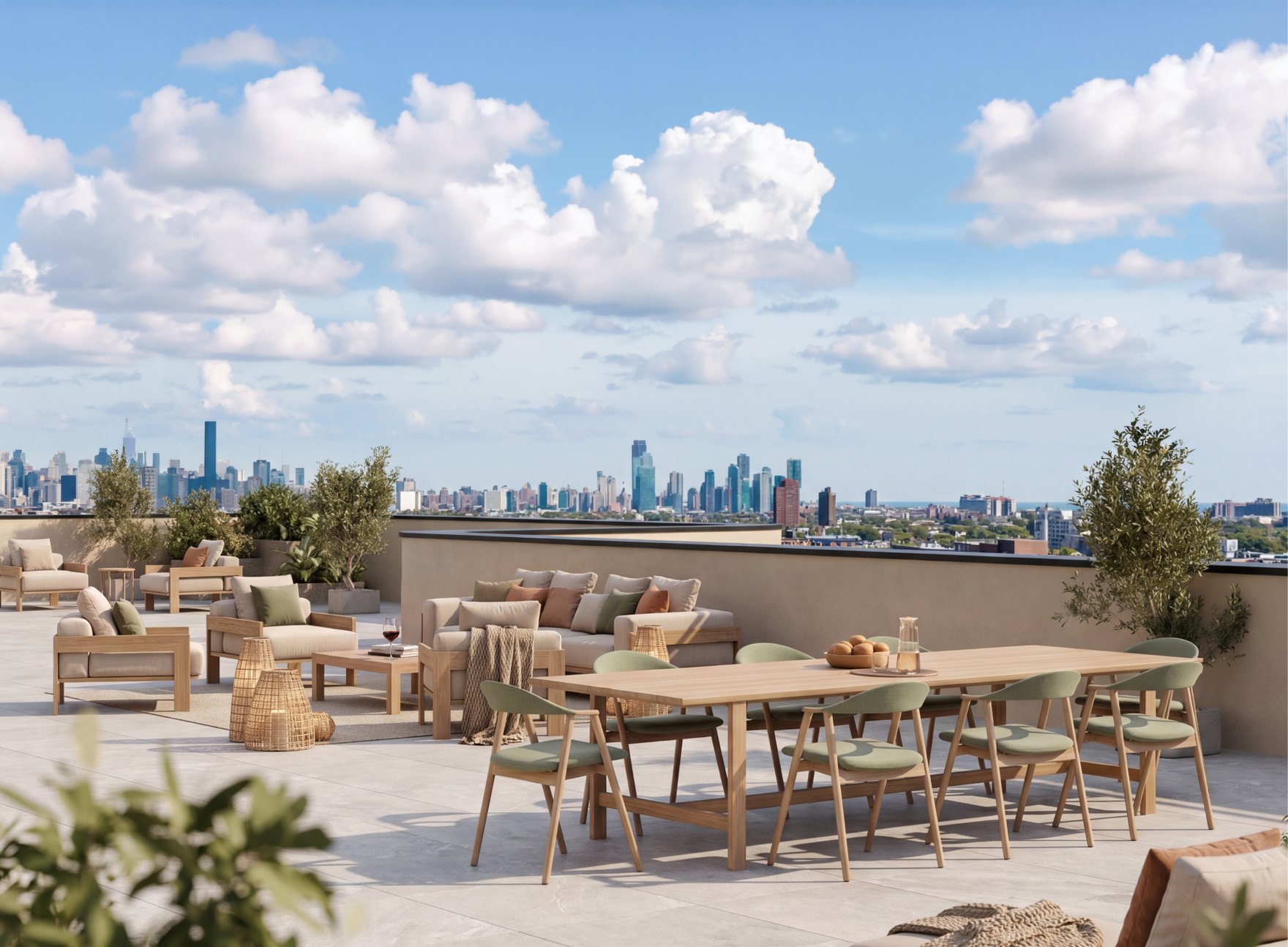 The open-air rooftop is designed for gathering or quiet retreat.