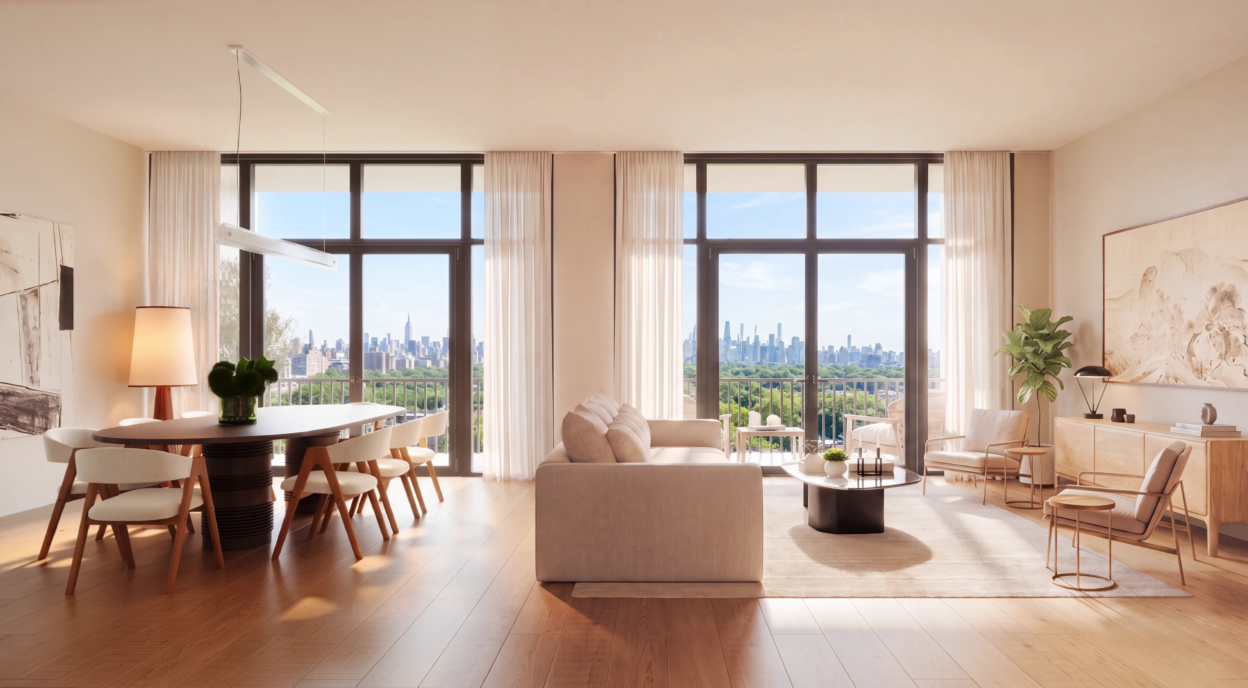 Living room with Manhattan skyline view at 717 Grand