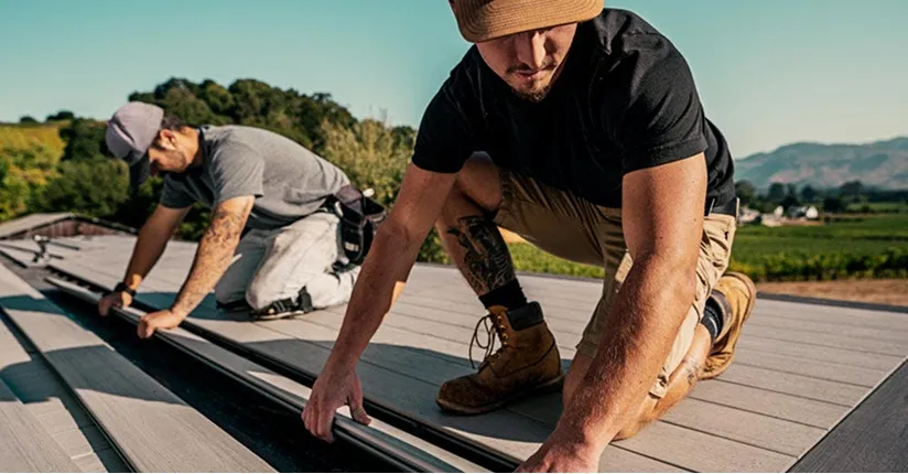 Two workers installing decking boards outdoors with landscape and hills in the background.