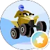 Cartoon man with blue hair driving a yellow and black off-road vehicle inside a blue circle.
