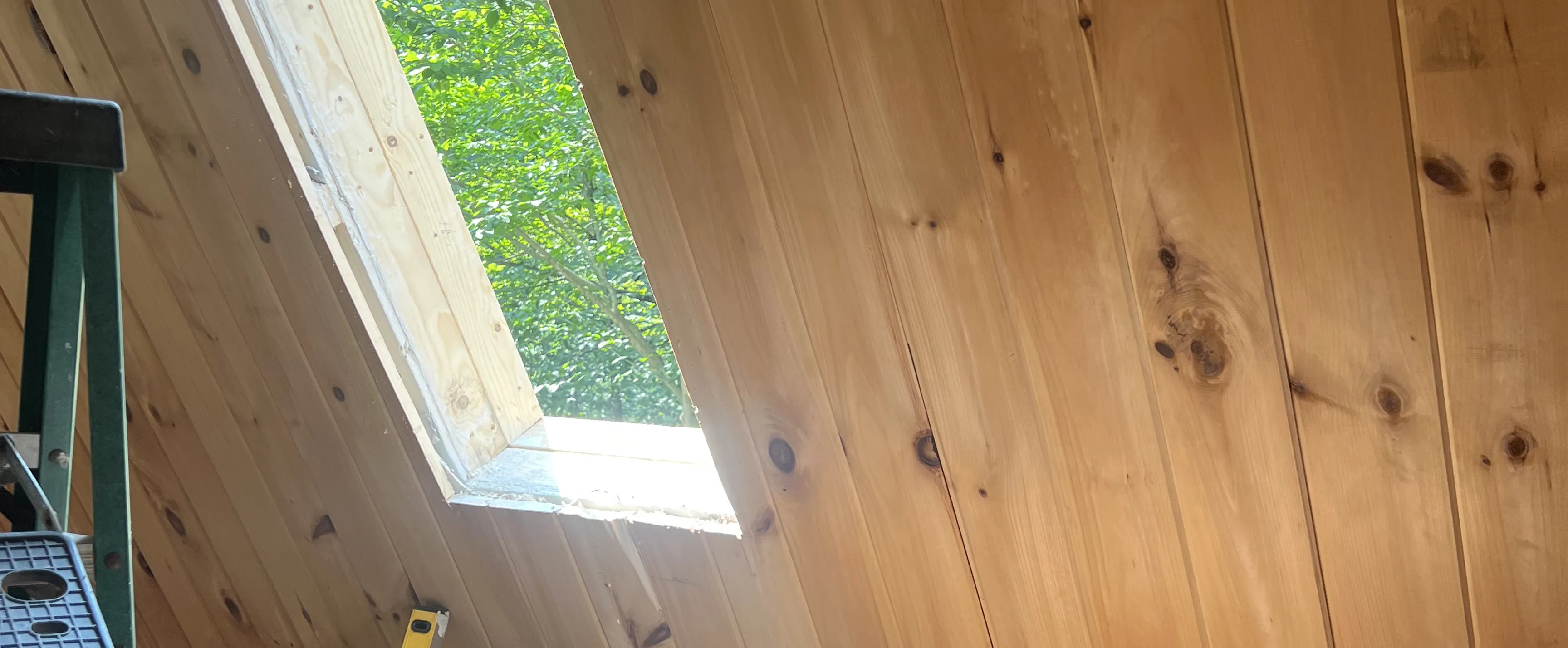 Wood-paneled ceiling with a rectangular skylight showing green tree leaves outside.