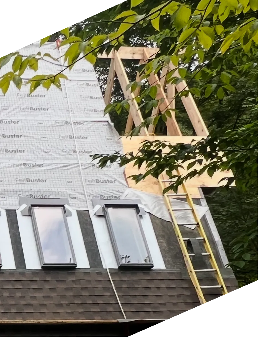 Roof under construction with skylights, wooden framing, and a yellow ladder surrounded by green tree branches.