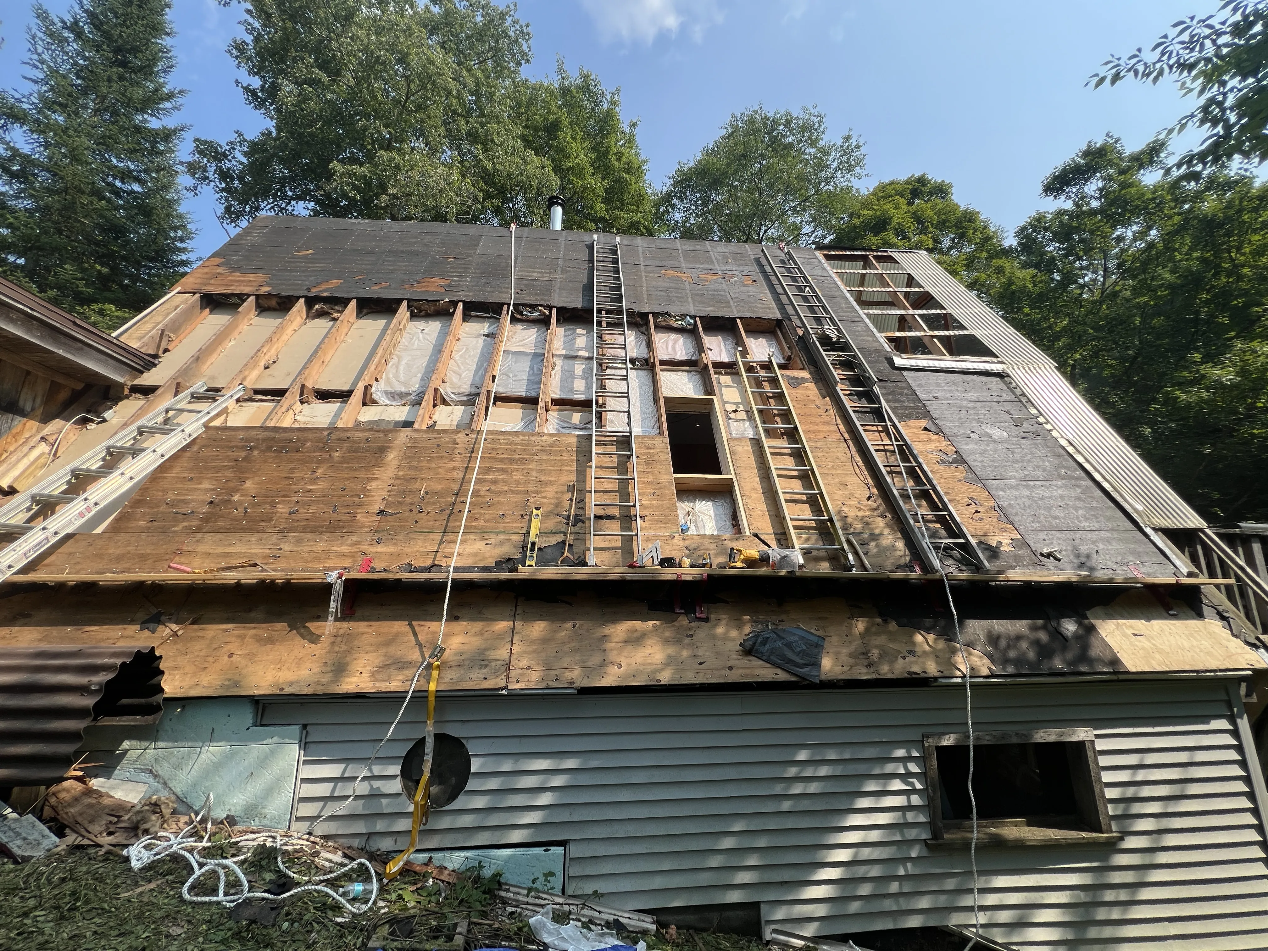 Roof under repair with multiple ladders and exposed wooden beams surrounded by trees on a sunny day.
