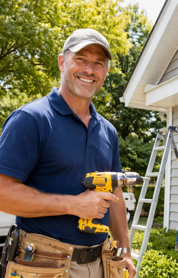 Smiling handyman in navy shirt and cap holds a yellow drill outside a house next to a ladder.