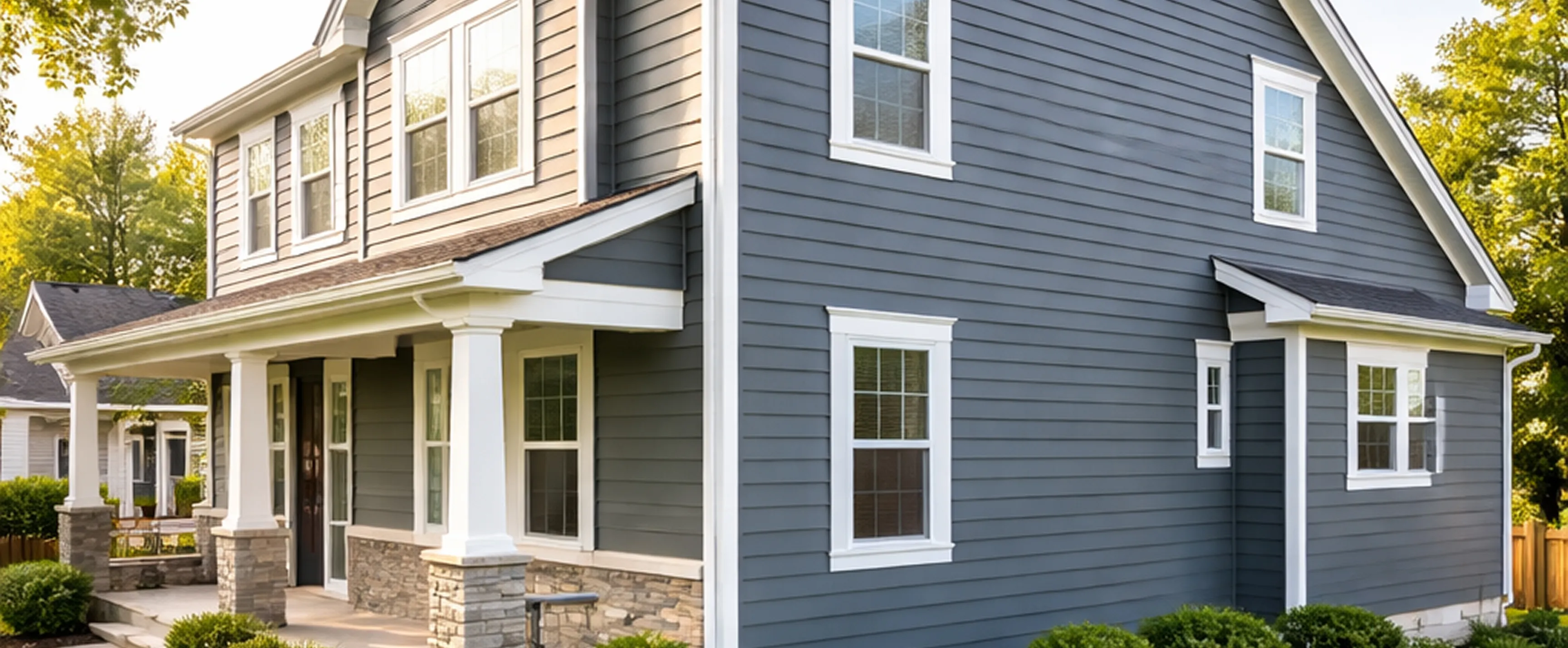 Two-story house with gray siding, white trim windows, stone porch columns, and green shrubs.