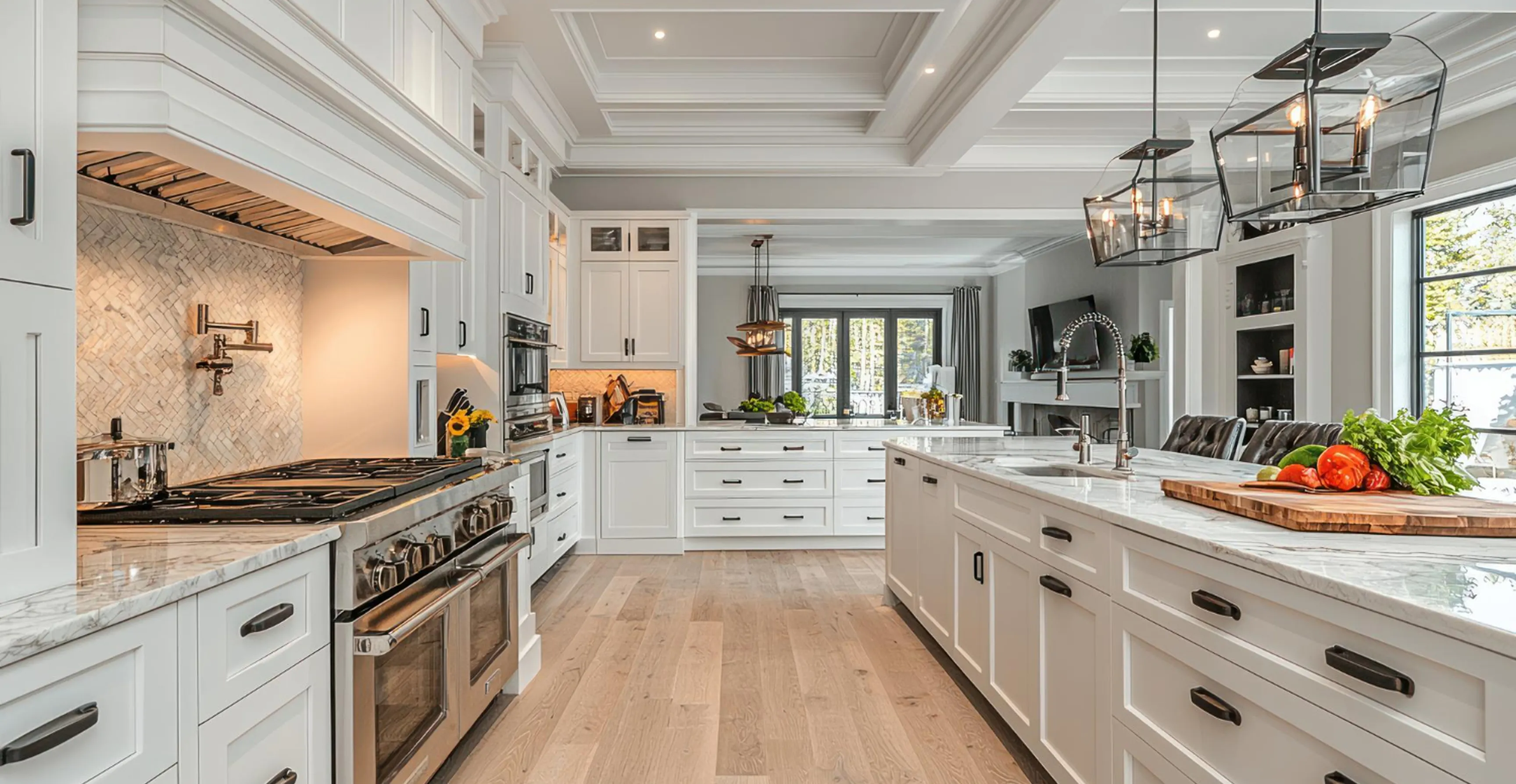 Bright modern kitchen with white cabinets, marble countertops, stainless steel stove, and island with vegetables.