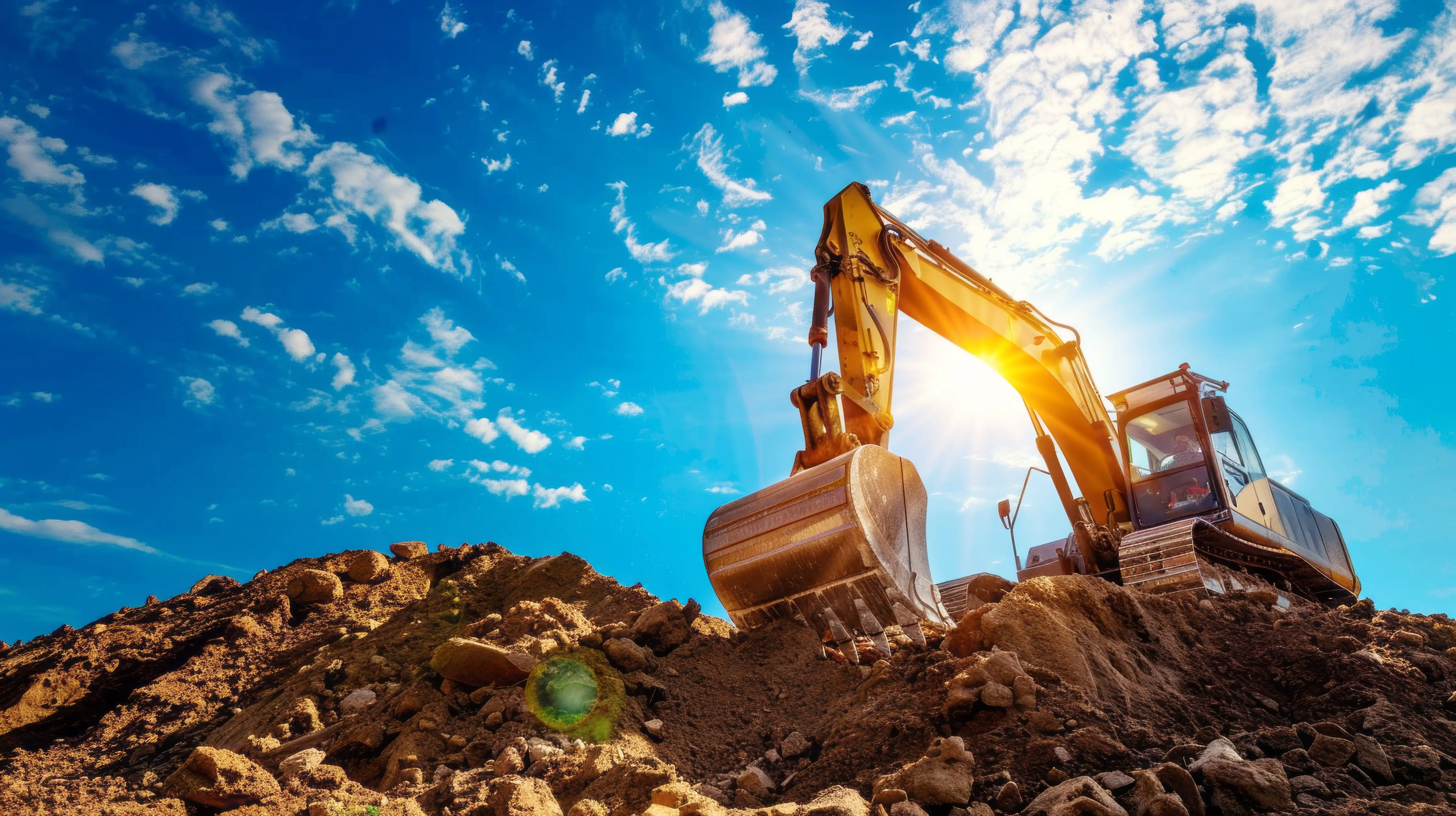 Large yellow excavator digging into a pile of dirt under a blue sky with scattered clouds.