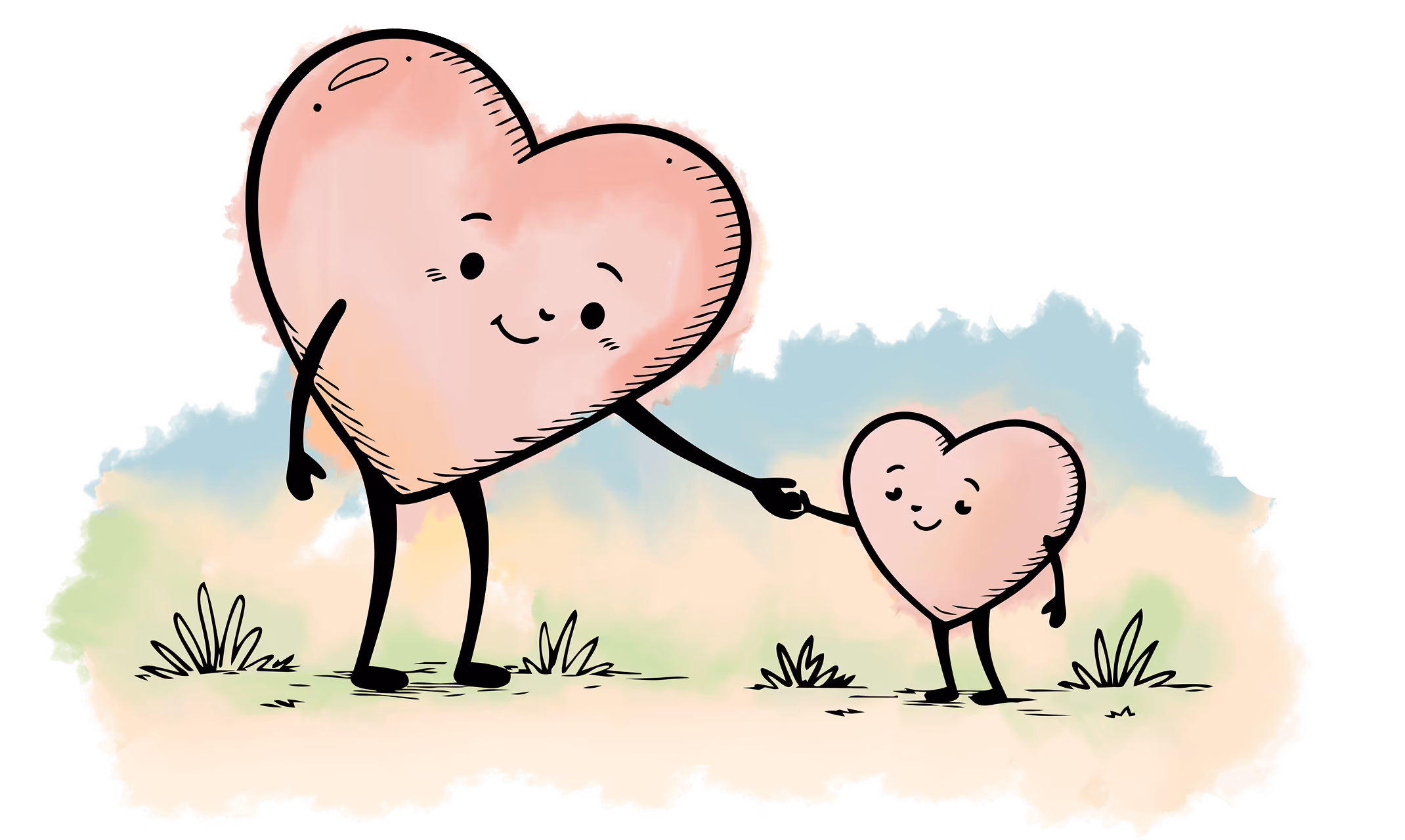 Illustration of two smiling heart characters holding hands