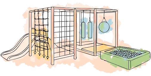 Watercolor illustration of a playground structure with slide, climbing nets, hanging ropes, and a ball pit.